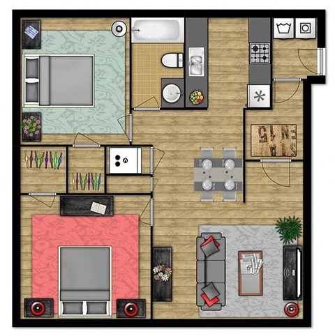 Floor plan for 2 beds, 1 bath, 850 sqft